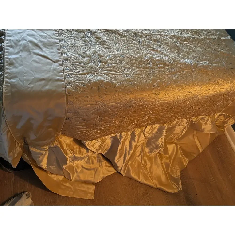 Hollywood Regency1900 Appraisal Satin GoldEmbroidered Bedspread Blue Stitch